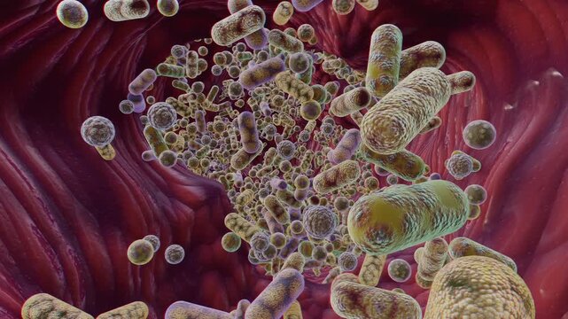 4k 3d video inside human intestine tunnel with microscopic gut microbiome bacteria and rod bacilli. Realistic medical visualization of healthy digestive tract microflora, flora, and probiotic biology