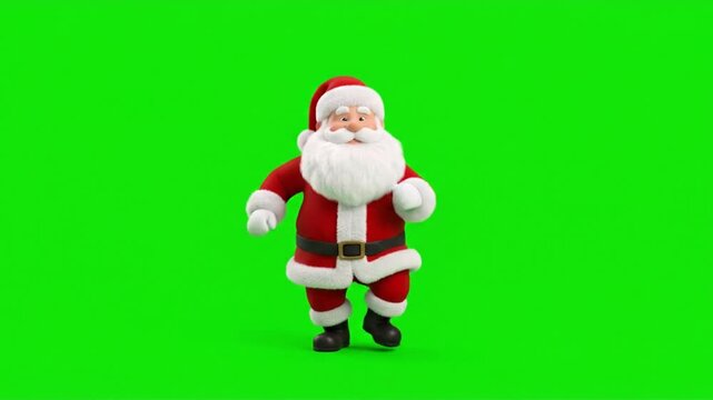 Three dimensional cartoon santa claus character dancing cheerfully against a solid green screen background
