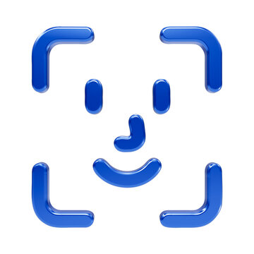 Glossy blue facial recognition with corner brackets and smiling face representing biometric scanning and security isolated on a transparent background