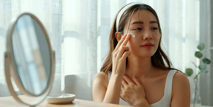 Young woman applying skincare cream