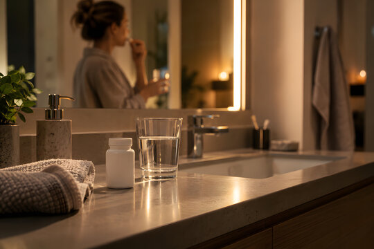 Woman taking medication with water during a calm bedtime routine in a warm bathroom, conveying sleep health, medication management and modern home healthcare.
