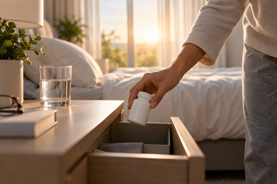 Adult hand placing unbranded medication bottle into bedside drawer in warm morning light, symbolizing medication management, changing habits, healthcare routine and personal wellness.