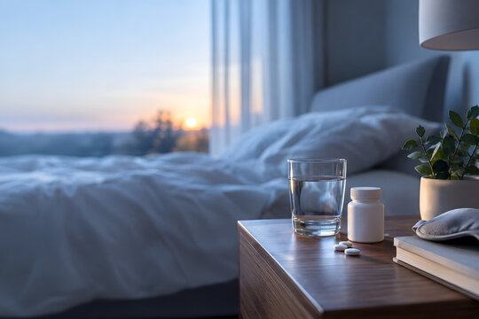 Calm bedroom at dawn with unbranded medication bottle, tablets and glass of water on a bedside table, symbolizing sleep health, medication reduction and changing bedtime habits.