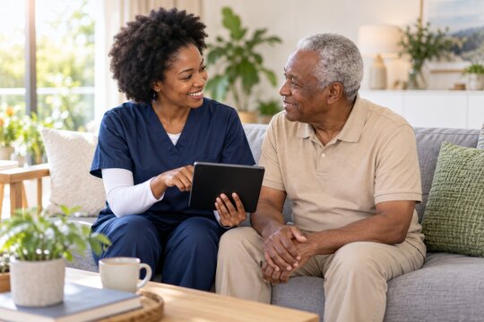 African nurse providing telehealth support to a senior man using a tablet at home.