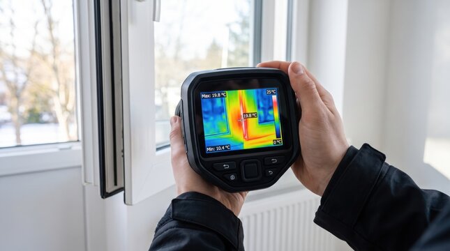 A person holds a thermal camera near a window to check for heat loss in a house. The camera displays temperature readings showing warm and cold areas