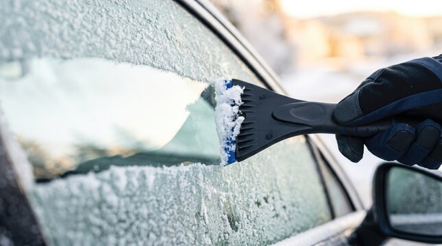 A person uses a scraper to clear ice from the windshield of a parked car. The scene shows a cold winter morning with frost on the glass and light from the sun