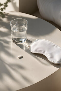 Minimalist healthcare still life with white tablet, glass of water and sleep mask on a sculptural surface, symbolizing medication, sleep, insomnia treatment and nighttime wellness.