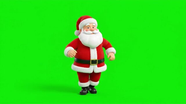 Three cheerful santa claus characters dancing and walking isolated against a green screen background