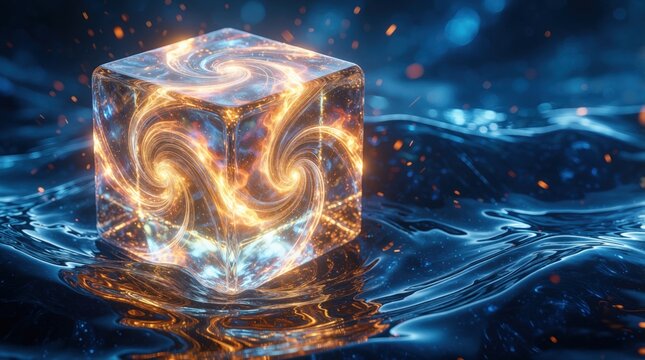 Glowing cube with swirling energy patterns sits in dark water. Abstract light effect emanates with orange and blue sparks. Futuristic concept.