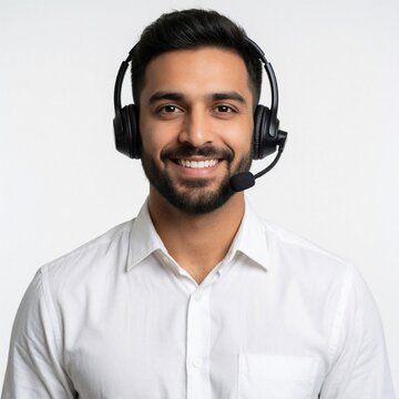 Smiling young Indian man works as customer support agent wearing pro headset. Confident male call center operator in white shirt provides telemarketing service online assistance. Friendly businessman