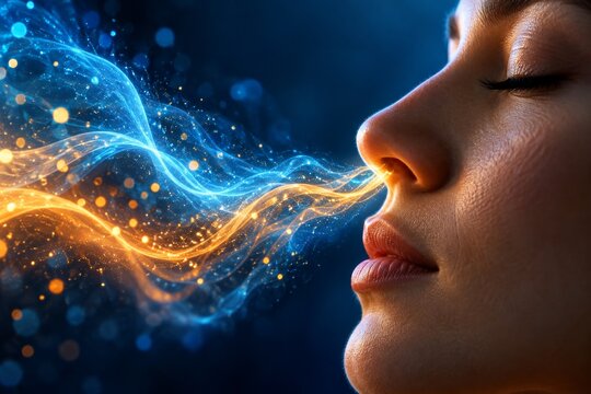 Close-up of a human nose with abstract wave patterns illustrating the sense of smell.