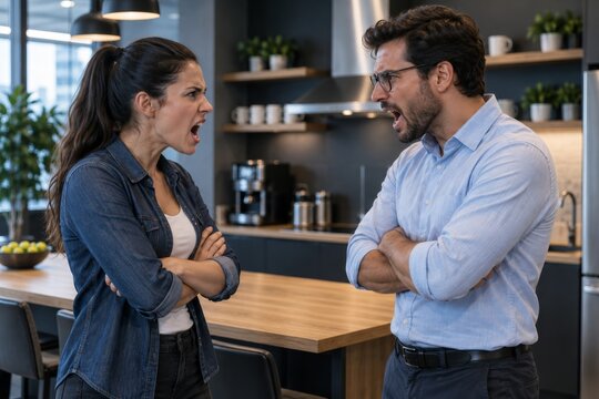 Two coworkers having an intense office argument in a modern kitchen setting.