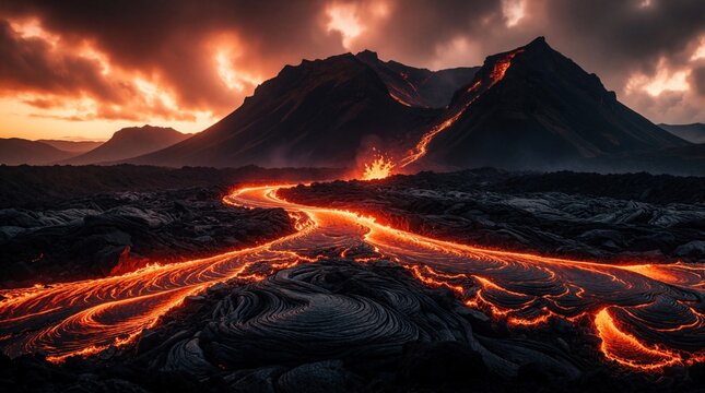 Fiery lava river flows down volcanic mountain slopes under dramatic, clouded sky. Molten rock creates glowing orange paths across dark, rocky terrain at dusk creating stark contrast.