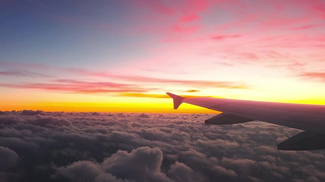 Airplane wing above clouds at sunset