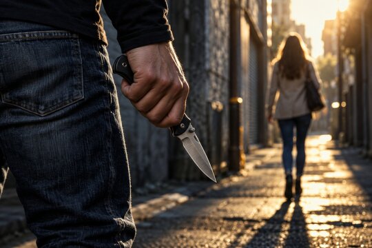 A bandit holding a knife preparing to attack and steal belongings from a woman.