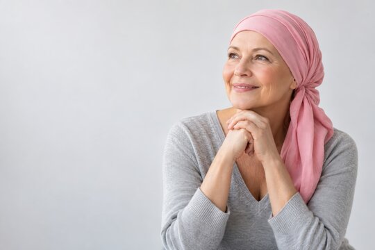 A smiling mature woman wearing a pink headscarf after chemotherapy on a light background.
