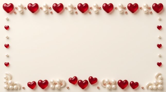 Red hearts and white pearls border frame on a cream background with copy space