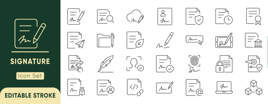 Digital signature and electronic document approval line icon set. Featuring biometric verification, legal paperwork, and secure agreement. Editable vector.