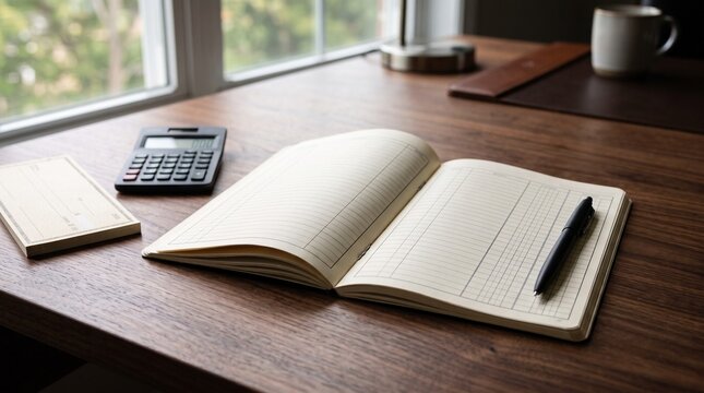 Open notebook with calculator and pen on a wooden desk office desk blank page