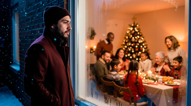 Lonely man standing outside in the cold snow looking through window at happy family celebrating Christmas dinner. Winter holiday loneliness and isolation concept