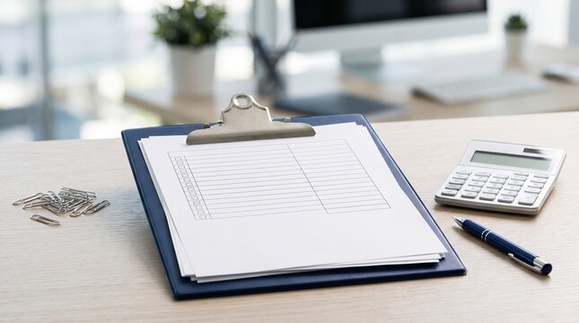 Clipboard with financial documents and calculator on office desk