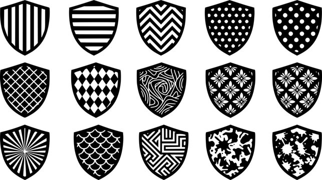 Four shield shapes with contrasting patterns black and white silhouette
