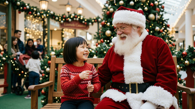 Little Asian girl laughing and talking with Santa Claus on a wooden bench. Happy child visiting Santa in a decorated shopping mall during Christmas holidays