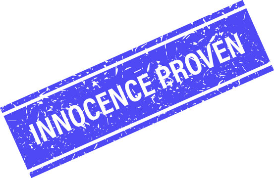 Innocence Proven blue rubber stamp seal with distressed texture for legal and judicial clearance