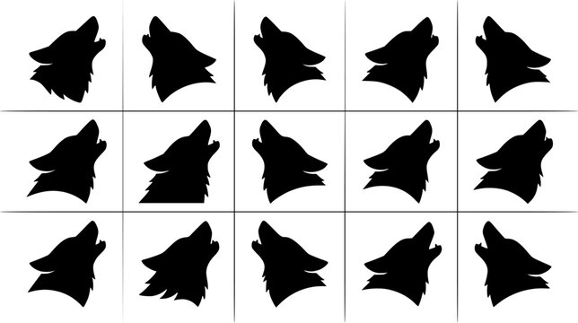 A howling wolf is depicted in a stark black silhouette against white
