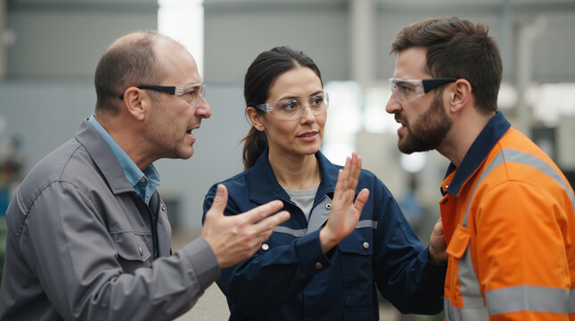 Female supervisor mediating argument between two male factory workers. Conflict resolution and workplace dispute on industrial shop floor