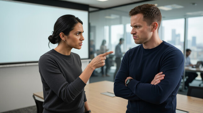 Angry businesswoman pointing finger at male colleague during intense argument in office. Workplace conflict and corporate disagreement concept