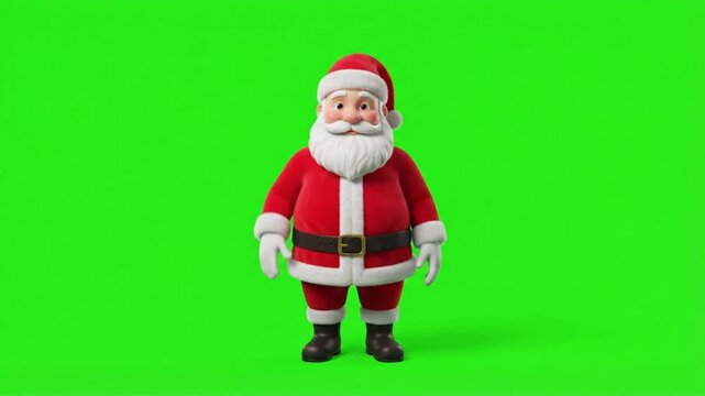 Cartoon santa claus waving hello and standing still on a bright green chroma key background