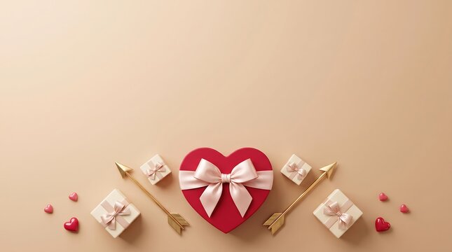 Red heart shaped gift box with cupid arrows on a beige background with copy space
