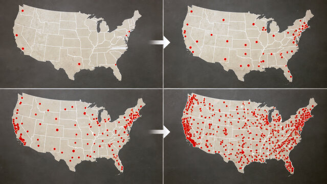 Four stage map sequence showing expanding locations across the United States, representing nationwide growth, business expansion, market reach, and distribution
