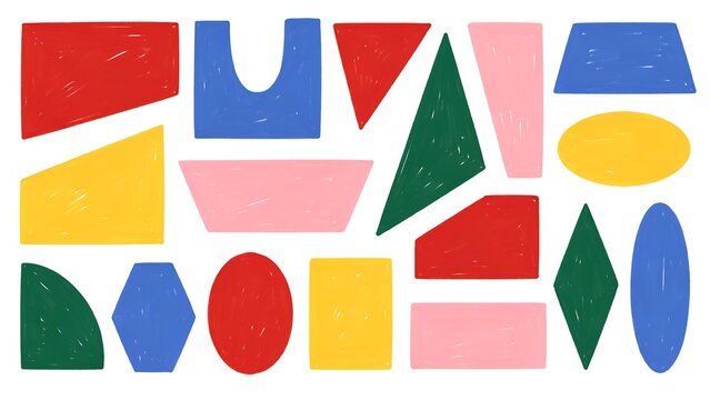 Minimalist abstract geometric composition featuring colorful flat shapes including rectangles, circles, triangles, semicircles, trapezoids, and organic geometric forms.