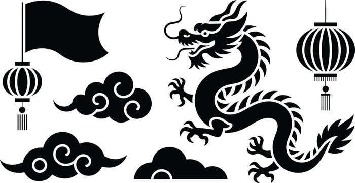 Chinese dragon with lanterns, clouds, and a flag Chinese lantern