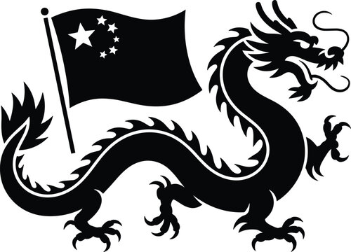 Black silhouette of a Chinese dragon with the flag of China
