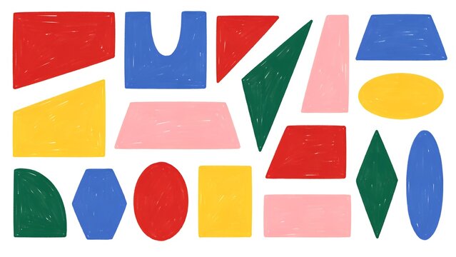 Minimalist abstract geometric composition featuring colorful flat shapes including rectangles, circles, triangles, semicircles, trapezoids, and organic geometric forms.