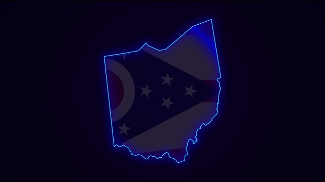 Ohio Map Outline Country Border on dark blue baground.  Neon Lights colorful animation transition. Flag of Ohio.  United States. Animation in neon style. Animated Video