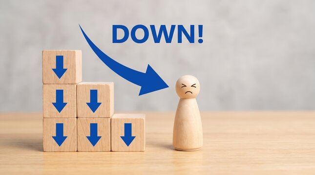 Wooden blocks showing downward trend with sad peg doll figure representing business failure, financial crisis, economic recession, and decrease in stock market performance