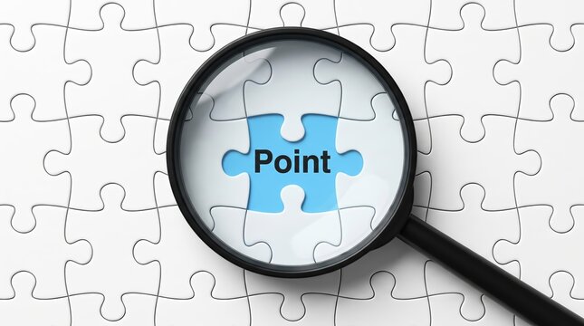 Magnifying glass focusing on a blue jigsaw puzzle piece with the word Point written on it amidst white puzzle pieces representing solution focus, key strategy, analysis, and finding the main concept