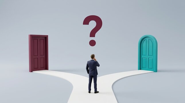 Businessman standing at a crossroads fork on a white path choosing between two doors with a giant question mark overhead representing concept of decision career direction or business dilemma