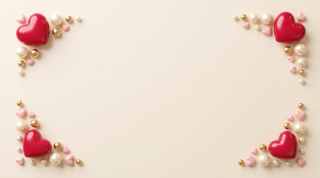Red hearts and pearl beads border on a cream background with copy space