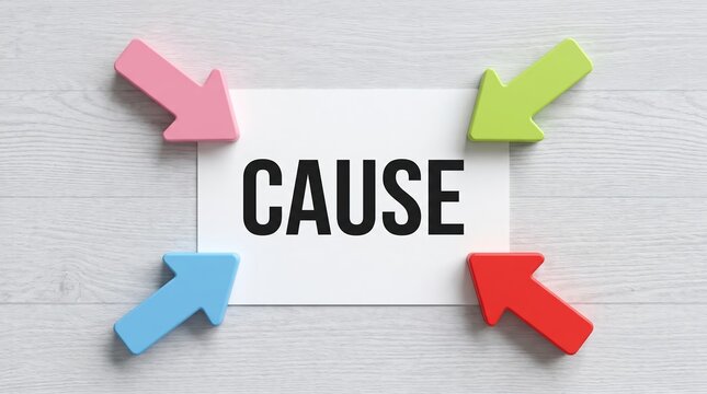 Concept of finding the root cause or source of a problem shown by colorful arrows pointing to a card with the word cause written on a white wooden background