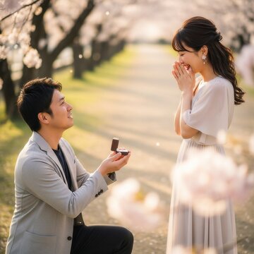 片膝をついた若い男性から結婚の申し込みをされる若い女性