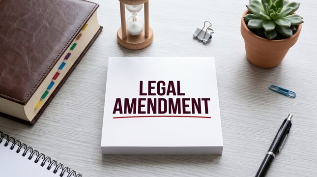 Concept of legal amendment written on a white notepad placed on a business office desk with law book, hourglass, pen, and succulent plant representing justice and regulation update