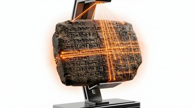 Ancient clay tablet with cuneiform inscriptions being scanned by an overhead orange laser grid on a stand cuneiform archaeology artifact scanning research