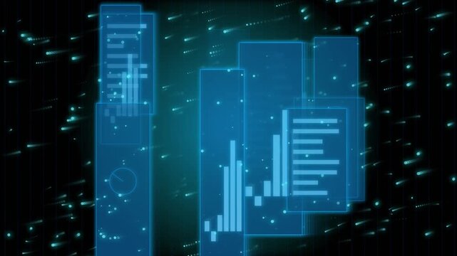 Animated abstract digital dashboard with blue futuristic charts and graphs on dark background data visualization futuristic interface bar charts pie