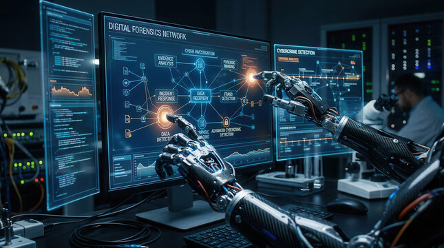 Robotic Hands Interacting With Digital Forensics Network Display