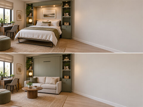 Multifunctional guest room with murphy bed shown open and closed beside built in shelving soft neutral decor and flexible floor space designed for practical small home living and overnight guests